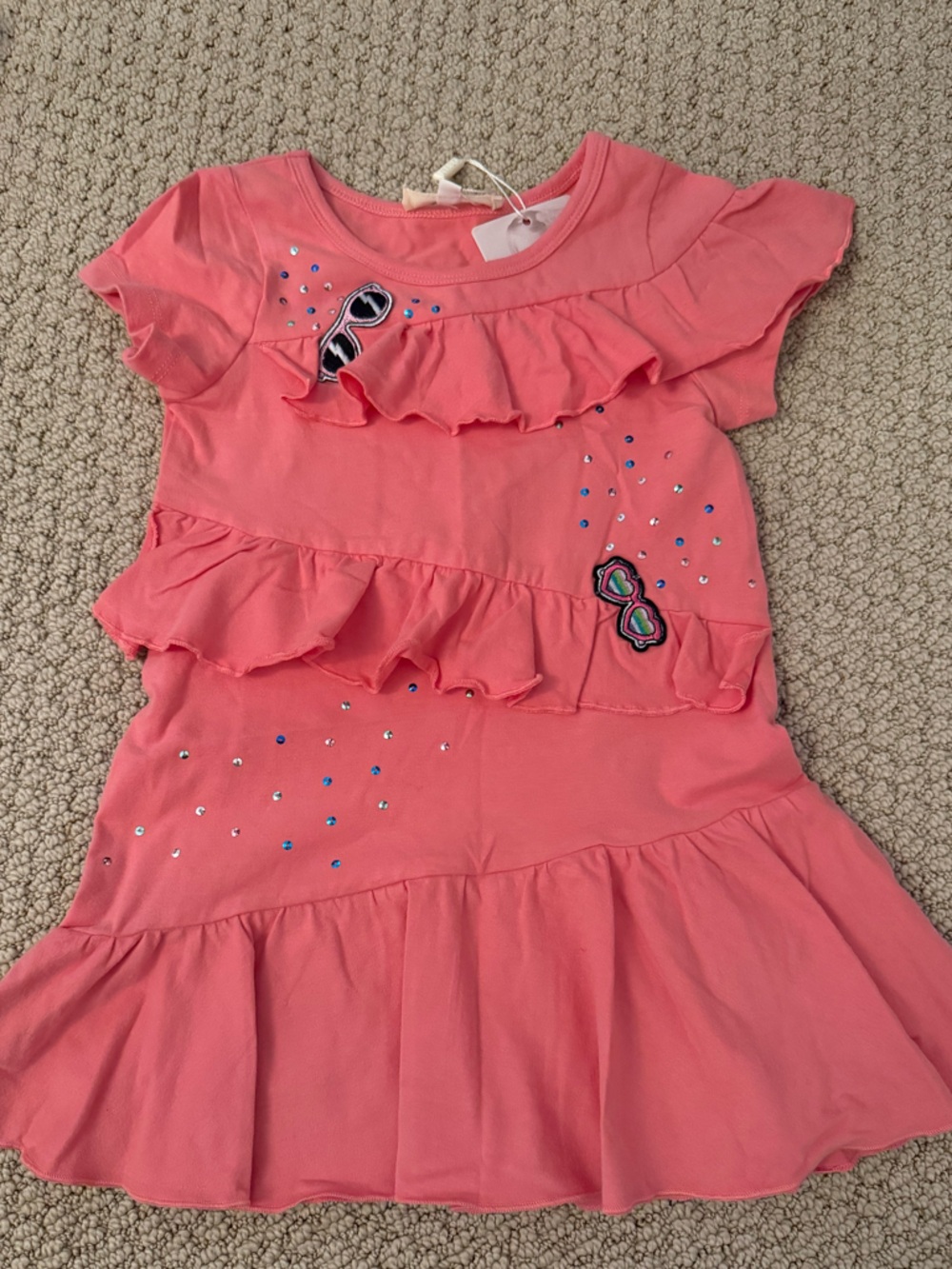 Girls' Coral Ruffle Casual Dress with Embellished Accents